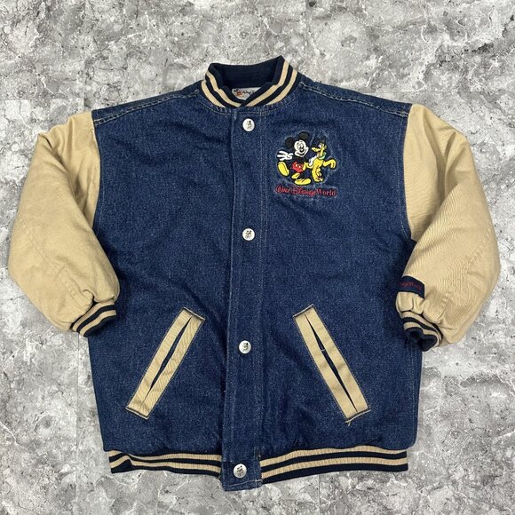 Vintage Walt Disney World Mickey Mouse Denim Varsity Bomber Jacket Sz XS - Picture 2 of 8